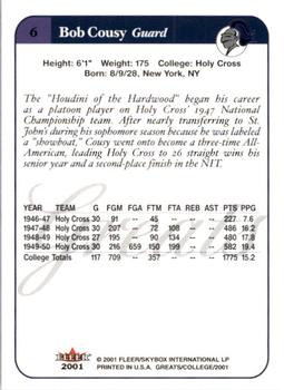 2001 Fleer Greats of the Game #6 Bob Cousy Back