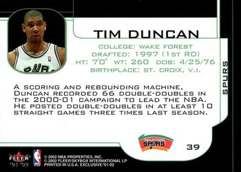 2001-02 Fleer Exclusive #39 Tim Duncan Back