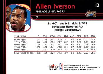 2001-02 Fleer Maximum #13 Allen Iverson Back