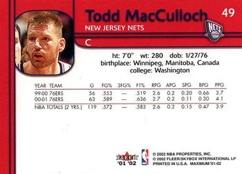 2001-02 Fleer Maximum #49 Todd MacCulloch Back