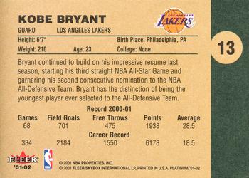 2001-02 Fleer Platinum #13 Kobe Bryant Back