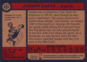 2001-02 Topps Heritage #243 Joseph Forte Back
