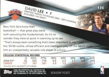 2005-06 Topps Luxury Box - Season Ticket #136 David Lee Back