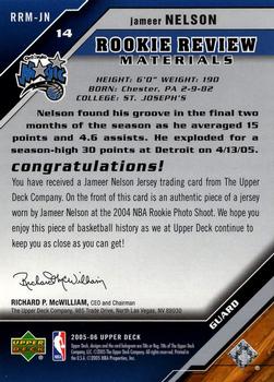 2005-06 Upper Deck - Rookie Review Materials #RRM-JN Jameer Nelson Back