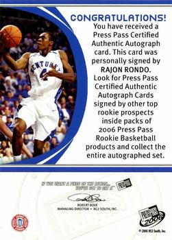 2006 Press Pass - Autographs Bronze #NNO Rajon Rondo Back
