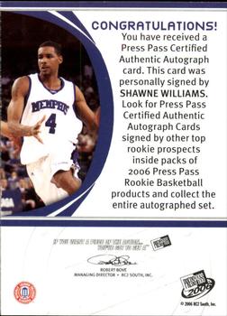 2006 Press Pass - Autographs Bronze #NNO Shawne Williams Back
