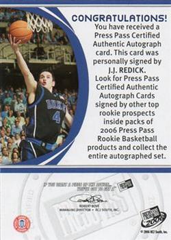 2006 Press Pass - Autographs Blue #NNO J.J. Redick Back