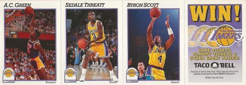 1991-92 Hoops Los Angeles Lakers Team Night Sheet SGA - Panels #NNO A.C. Green / Sedale Threatt / Byron Scott Front