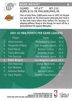 2002-03 Topps Ten #6 Kobe Bryant Back
