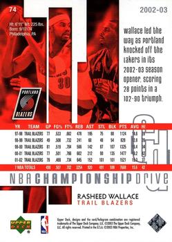 2002-03 Upper Deck Championship Drive #74 Rasheed Wallace Back