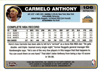 2006-07 Topps Chrome - Refractors #106 Carmelo Anthony Back