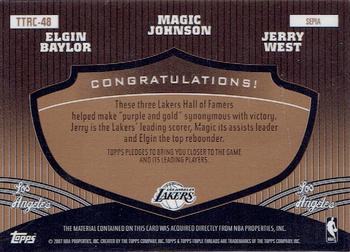 2006-07 Topps Triple Threads - Relics Combos Sepia #TTRC-48 Jerry West / Magic Johnson / Elgin Baylor Back