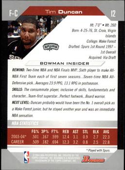 2004-05 Bowman #12 Tim Duncan Back