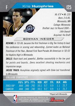 2004-05 Bowman #125 Kris Humphries Back