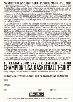 1994 SkyBox USA - Champion USA Basketball T-Shirt Redemption #NNO T-Shirt Exchange Card Back
