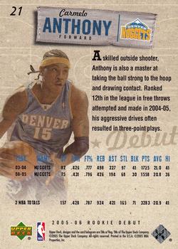 2005-06 Upper Deck Rookie Debut #21 Carmelo Anthony Back