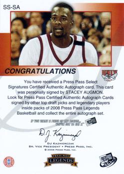 2008-09 Press Pass Legends - Select Signatures #SS-SA Stacey Augmon Back