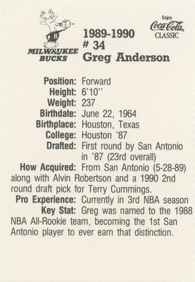 1989-90 Coca-Cola Milwaukee Bucks #NNO Greg Anderson Back