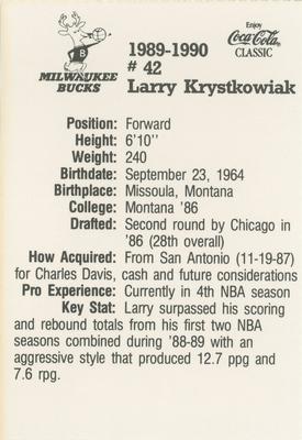 1989-90 Coca-Cola Milwaukee Bucks #NNO Larry Krystkowiak Back