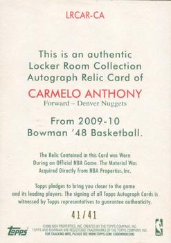 2009-10 Bowman 48 - Locker Room Collection Autograph Relics #LRCAR-CA Carmelo Anthony Back