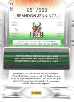 2009-10 Panini Prestige - Draft Picks Light Blue #160 Brandon Jennings Back