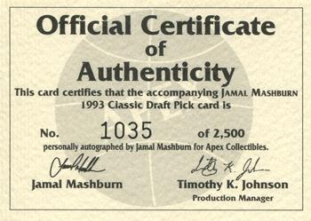 1993 Classic Draft Picks - Jamal Mashburn Autograph #NNO Jamal Mashburn Front