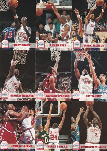 1993-94 Hoops Los Angeles Clippers Team Night Sheet SGA - Full Sheet #NNO Gary Grant / Ron Harper / Mark Jackson / Stanley Roberts / Elmore Spencer / Loy Vaught / John Williams / Terry Dehere / Dominique Wilkins Front