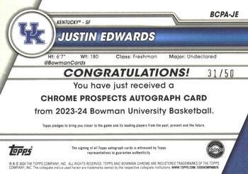2023-24 Bowman University Chrome - Bowman Chrome Prospects Autographs Gold Lava Refractor #BCPA-JE Justin Edwards Back