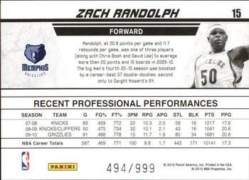 2010-11 Donruss - Production Line #15 Zach Randolph Back