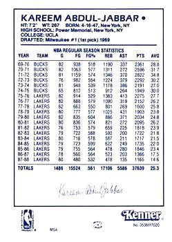 1988 Kenner Starting Lineup Cards #3538117020 Kareem Abdul-Jabbar Back