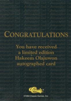 1994 Classic Draft - National Party Autographs #NNO Hakeem Olajuwon Back