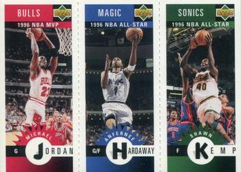 1996-97 Collector's Choice Spanish - Mini-Cards Panels #M11 / M60 / M78 Michael Jordan / Anfernee Hardaway / Shawn Kemp Front