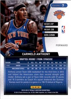 2012-13 Panini Totally Certified #7 Carmelo Anthony Back