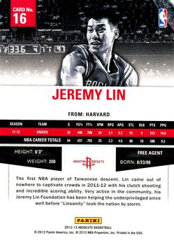 2012-13 Panini Absolute #16 Jeremy Lin Back