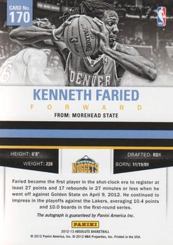 2012-13 Panini Absolute #170 Kenneth Faried Back