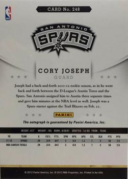 2012-13 Hoops - Autographs #248 Cory Joseph Back