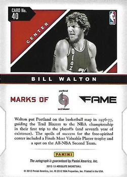 2012-13 Panini Absolute - Marks of Fame Autographs #40 Bill Walton Back