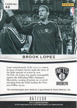 2012-13 Panini Limited - Center Stage Materials #46 Brook Lopez Back