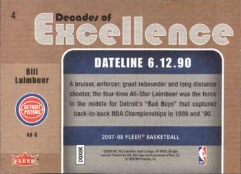 2007-08 Fleer - Decades of Excellence #4 Bill Laimbeer Back