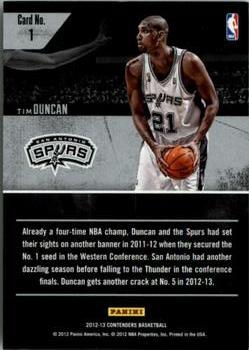 2012-13 Panini Contenders - Playoff Contenders #1 Tim Duncan Back