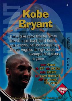 1996 Collector's Edge Rookie Rage - Radical Recruits #3 Kobe Bryant Back