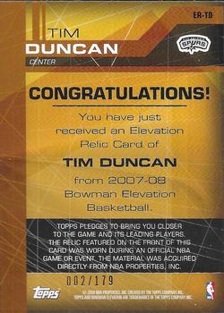 2007-08 Bowman Elevation - Relics #ER-TD Tim Duncan Back