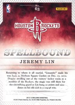 2012-13 Panini Brilliance - Spellbound #63 Jeremy Lin Back