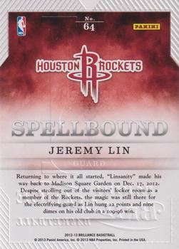 2012-13 Panini Brilliance - Spellbound #64 Jeremy Lin Back
