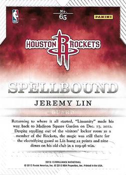 2012-13 Panini Brilliance - Spellbound #65 Jeremy Lin Back