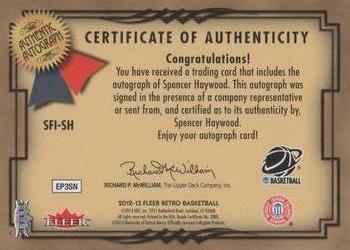 2012-13 Fleer Retro - 99-00 Flair Showcase Fresh Ink #SFI-SH Spencer Haywood Back