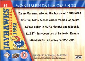 2013 Upper Deck University of Kansas #89 Danny Manning Back