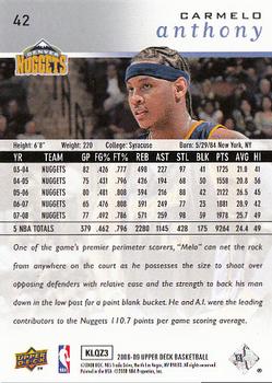 2008-09 Upper Deck #42 Carmelo Anthony Back