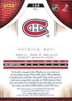 2012-13 Panini Immaculate Collection - Rookie Autographed Patches Sports Variations #134 Patrick Roy Back