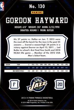 2013-14 Pinnacle #130 Gordon Hayward Back